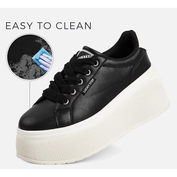 Lucky Step Women Black Platform Low Top Classic Wedge Retro Canvas Sneakers - Picture 2 of 9